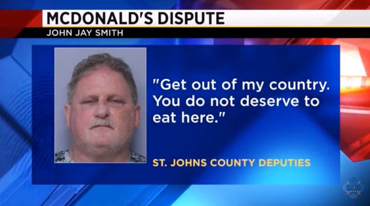 John Jay Smith, 60, faces multiple felony charges for threatening Muslim students with weapons while they were eating outside a McDonald's in Florida.