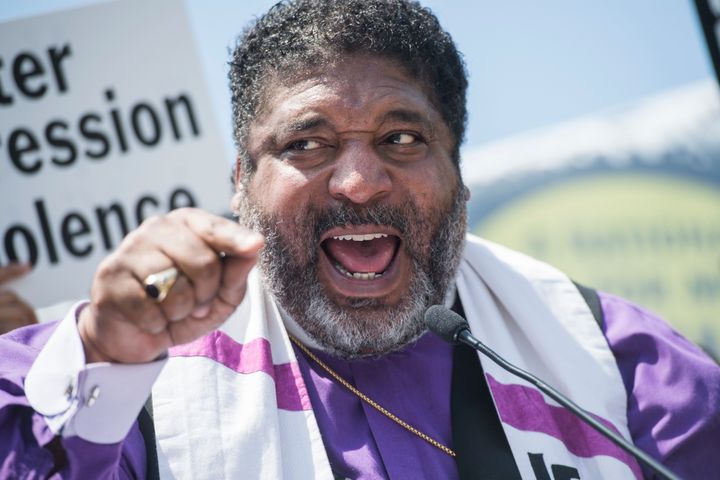 Rev. William Barber called on lawmakers to address the "connection between systemic racism, poverty and voter suppression" at a Poor People's Campaign rally in Washington on May 21, 2018.