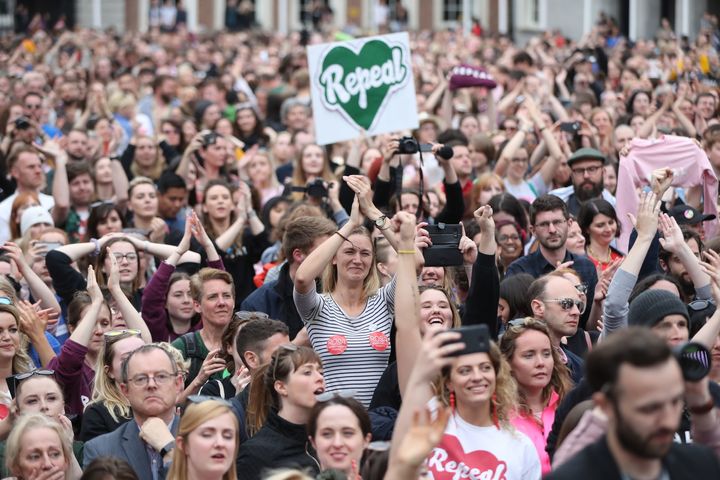 Yes campaigners celebrate as the results are announced in the referendum on the 8th Amendment of the Irish Constitution which prohibits abortions unless a mother's life is in danger.