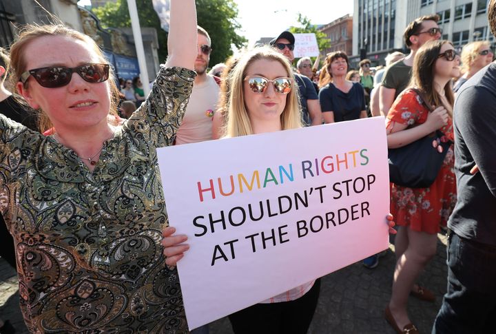 Protesters at Belfast City Hall calling for the provision of abortion in Northern Ireland 