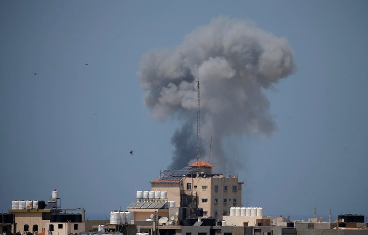 Smoke rises following an Israeli airstrike in Gaza on May 29, 2018.