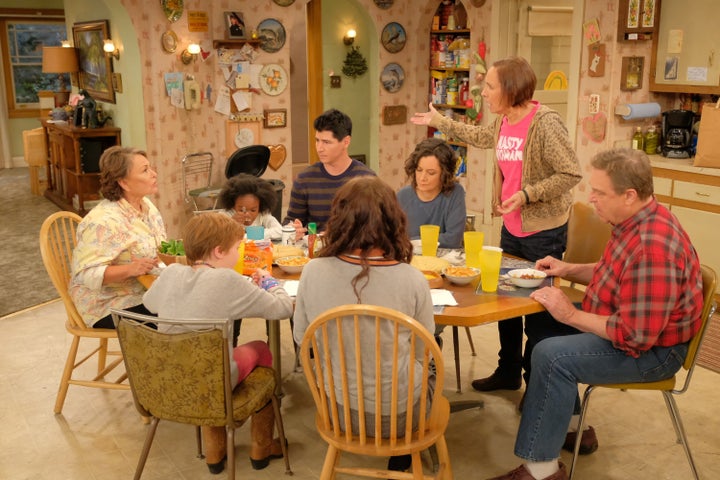 Roseanne's sister, Jackie (Laurie Metcalf), shows up in a "Nasty Woman" shirt on the "Roseanne" Season 10 premiere.