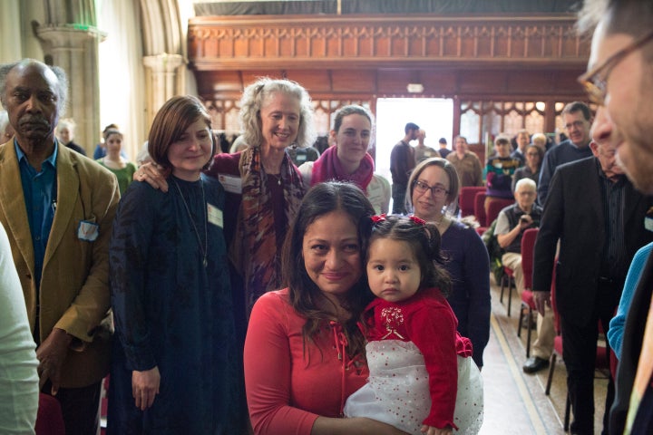 Aura Hernandez, an undocumented immigrant from Guatemala, and her daughter, are introduced to the congregation of the Fourth Universalist Society, and formally offered sanctuary by the church on March 18, 2018, in New York City. Aura alleges that while in an immigration detention center she was sexually abused by a border patrol officer.