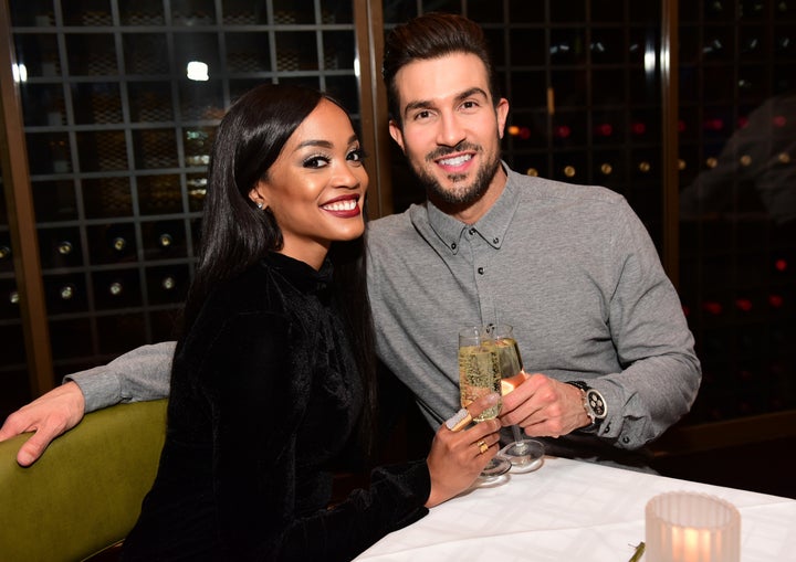 Rachel Lindsay, the first black "Bachelorette," with fiance Bryan Abasolo in April. 