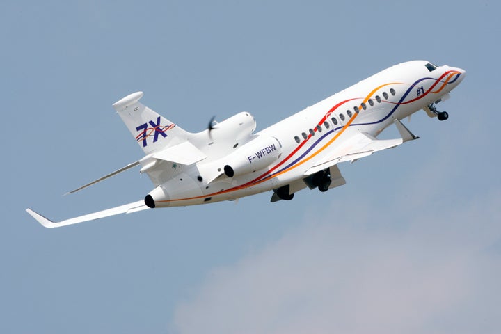 A Dassault Aviation Falcon 7X takes part in a flying display near Paris on June 13, 2009.