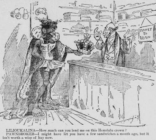 This political cartoon, published in the St. Paul Daily Globe in Minnesota weeks after the overthrow, offers a racist depiction of Queen Liliuokalani with exaggerated features.