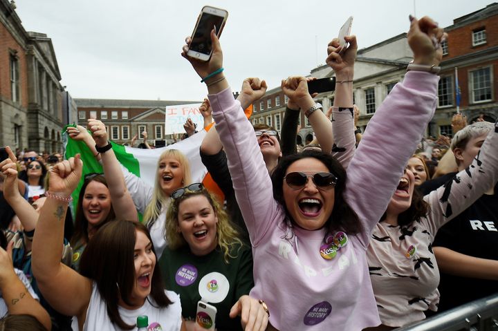 Dubliners celebrate the result of Ireland’s referendum on abortion, May 26. Voters favored repealing the Eighth Amendment, which banned abortion unless a pregnant woman was at risk of suicide, by 66.4 percent to 33.6 percent.