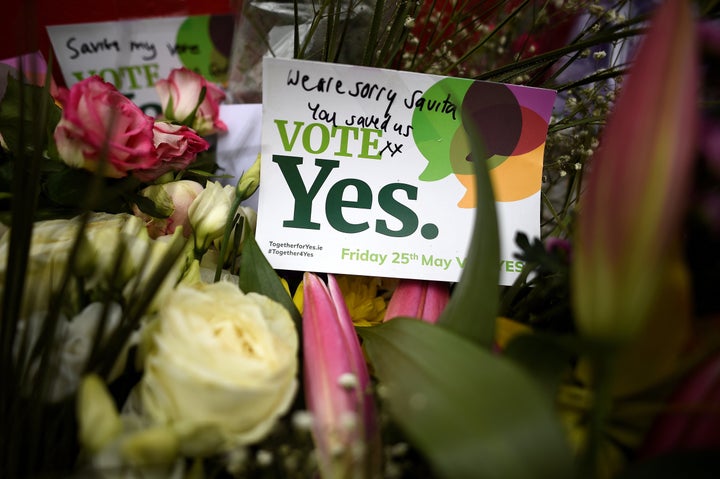 Flowers at a memorial for Savita Halappanavar in Dublin. She became a symbol of the Irish abortion-rights movement after she contracted an infection and died after being denied an abortion during a miscarriage in 2012.