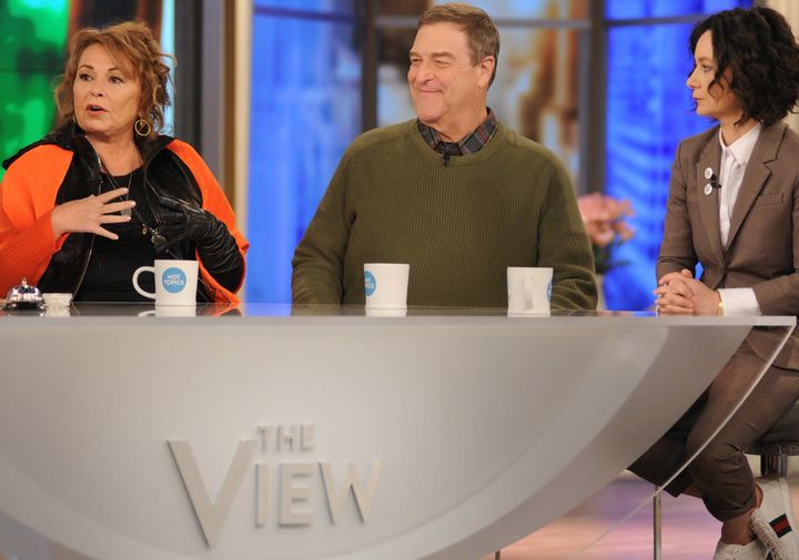 Roseanne Barr, along with castmates John Goodman and Sara Gilbert, during an appearance on "The View" in March. 