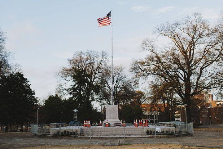 A pedestal, where the statue of General Nathan Bedford Forrest stood before it was removed, stands at a park in Memphis, Tennessee.