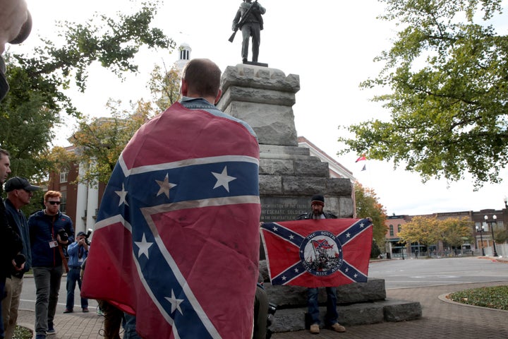 Confederate flags are displayed at a “White Lives Matter” rally on Oct. 28 in Murfreesboro, Tennessee.