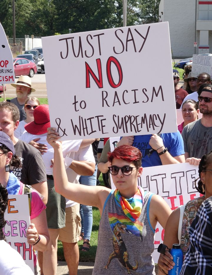 The Memphis Coalition of Concerned Citizens holds a rally on Aug. 19, 2017, near the statue of Confederate Gen. Nathan Bedford Forrest.