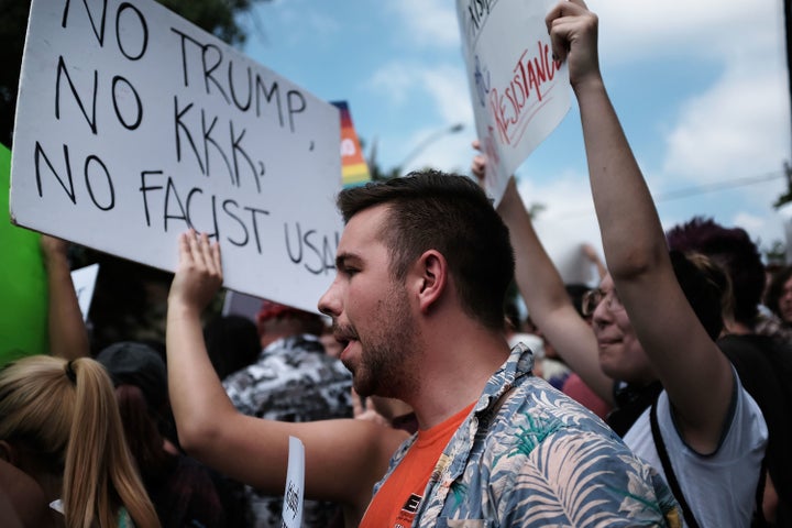 Protesters demonstrate against a Confederate monument in Knoxville, Tennessee, on Aug. 26, 2017. The rally was held two weeks after a gathering of white supremacists in Charlottesville, Virginia, turned deadly.