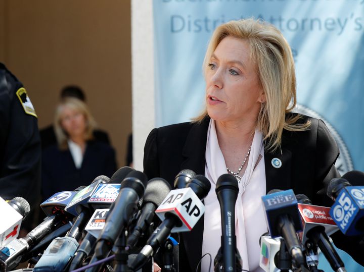 Sacramento District Attorney Anne Marie Schubert announces the arrest of a suspect in the Golden State Killer case on April 25. She has faced criticism for refusing to pursue charges against police officers.