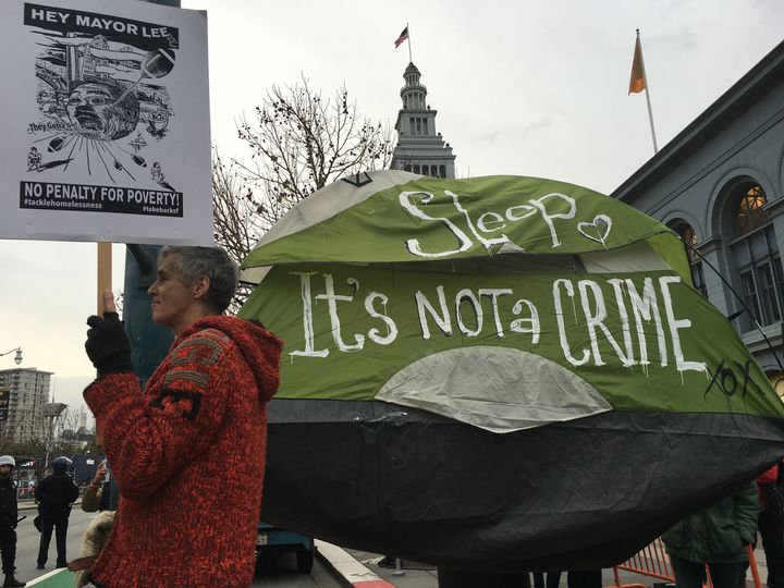 In 2016, demonstrators rallied in downtown San Francisco to protest the displacement of homeless people in the area surrounding Super Bowl festivities.