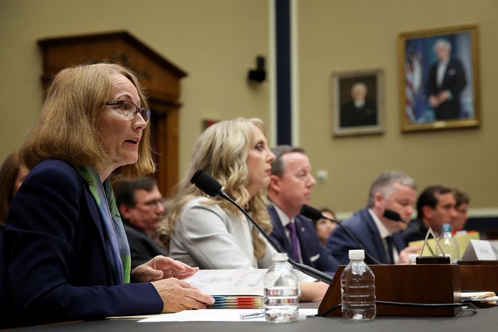 Susanne Lyons (left), the acting CEO of the U.S. Olympic Committee, and top officials from USA Gymnastics, USA Swimming and other organizations in the Olympic movement testify before Congress on May 23.