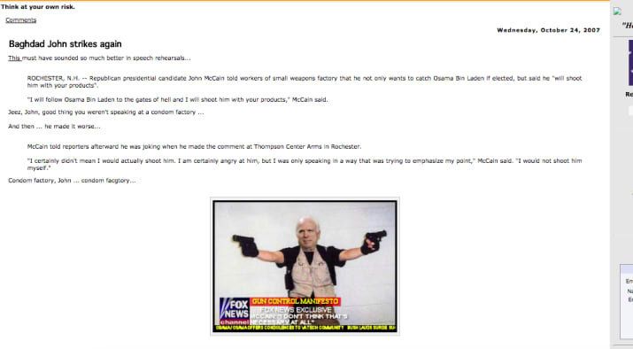 A screenshot of a blog post allegedly written by Joy Reid in October 2007. The post features a photoshopped image of Sen. John McCain as the Virginia Tech mass shooter.