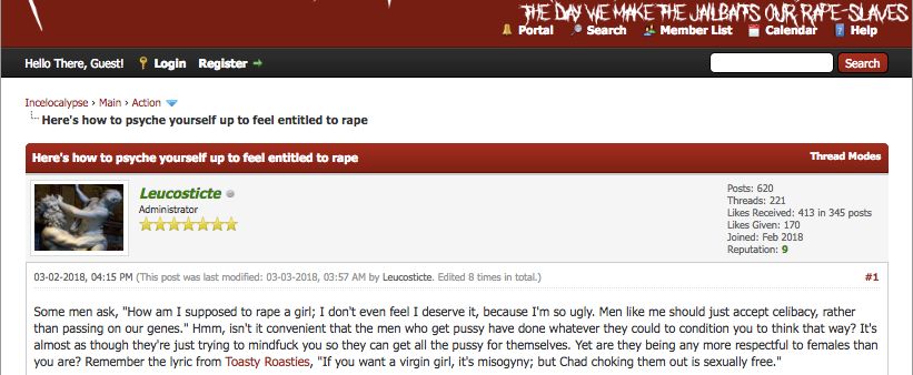 A post on Incelocalypse explains how to "psyche yourself up to feel entitled to rape."