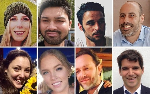 The victims: Christine Archibald, James McMullan, Alexandre Pigeard, Sebastien Belanger, Kirsty Boden, Sara Zelenak, Xavier Thomas and Ignacio Echeverria