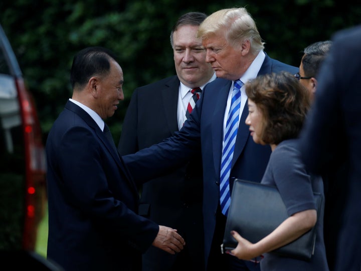 North Korean envoy Kim Yong Chol, Secretary of State Mike Pompeo and President Donald Trump outside the White House