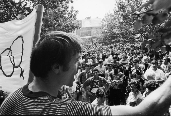 One month after the demonstrations and conflict at the Stonewall Inn, activist Marty Robinson speaks to a crowd of approximately 200 people before marching in the first mass rally in support of gay rights in New York City, July 27, 1969.