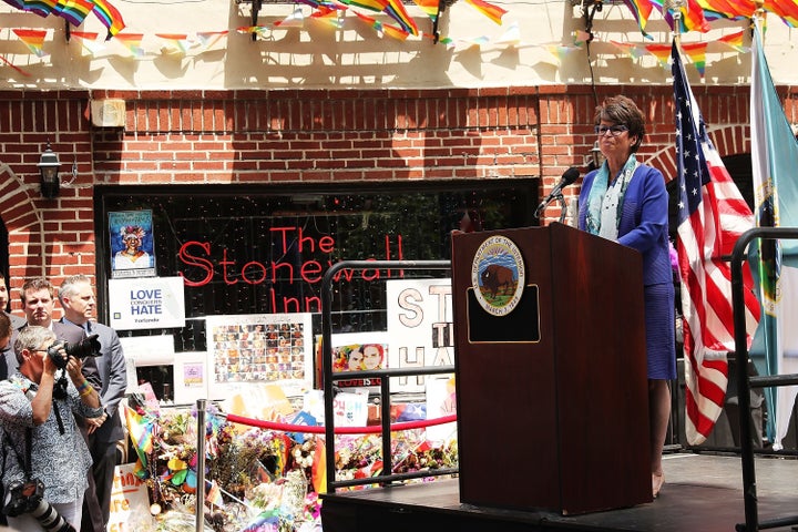 Valerie Jarrett, Senior Adviser to President Barack Obama, speaking at a dedication ceremony officially designating the Stonewall Inn as a national monument to gay rights on June 27, 2016, in New York City. 