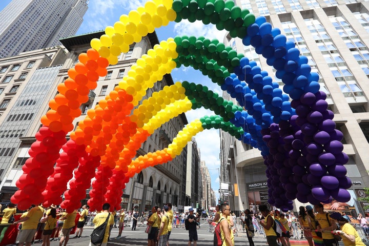 A rainbow balloon display over Fifth Avenue in the annual New York Gay Pride Parade, one of the oldest and largest in the world, on June 25, 2017.