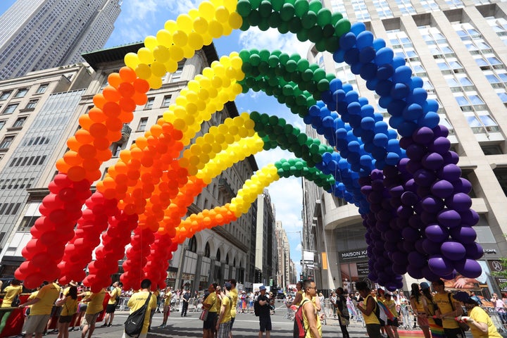 A rainbow balloon display over Fifth Avenue in the annual New York Gay Pride Parade, one of the oldest and largest in the world, on June 25, 2017. 