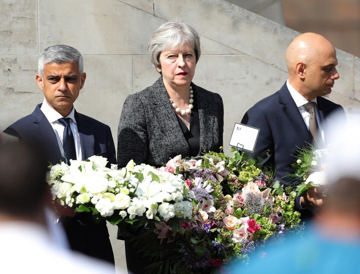 Mayor of London Sadiq Khan, Prime Minister Theresa May and Home Secretary Sajid Javid.