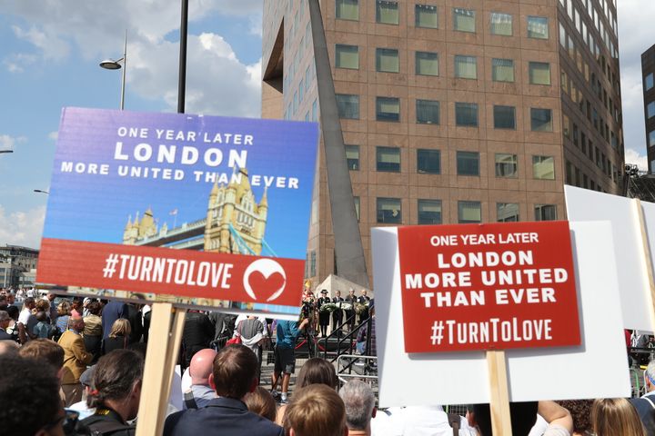 Crowds gather on the south side of London Bridge ahead of a minute's silence to mark one year since the terror attack on London Bridge and Borough.