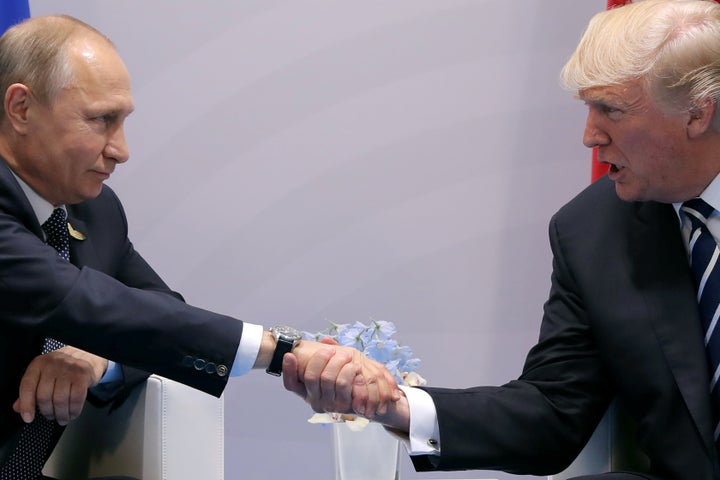 Trump shakes hands with Russian President Vladimir Putin during the their bilateral meeting at the G-20 summit in Hamburg, Germany, on July 7, 2017.