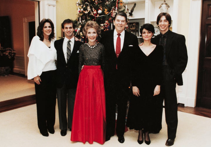 Patti Davis, left, and family celebrate a Christmas during Ronald Reagan's presidency.