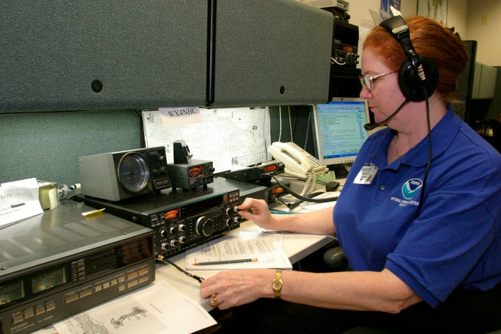 A volunteer ham radio operator communicating with those in path of Hurricane Ivan. 