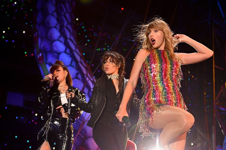 Taylor Swift (far right) with Charli XCX and Camila Cabello on June 1 in Chicago.