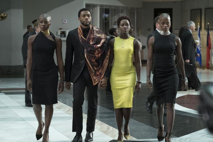 Danai Gurira, Chadwick Boseman, Lupita Nyong'o and Florence Kasumba in "Black Panther."