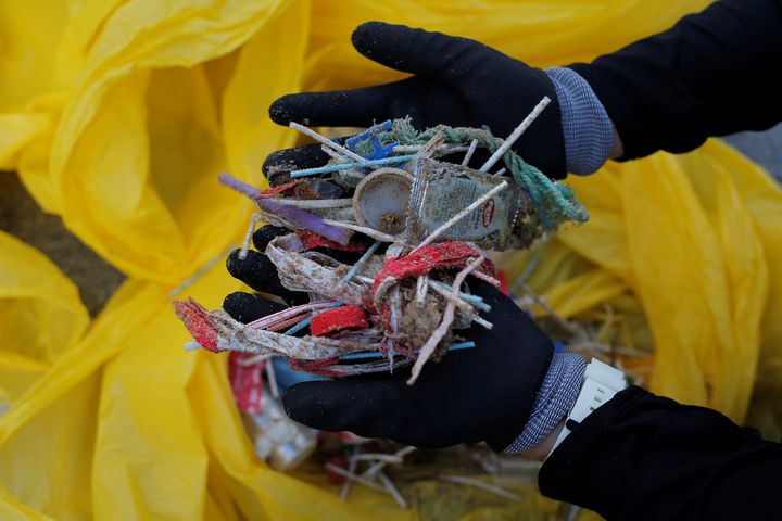 A volunteer shows plastics from a garbage collection on the Atlantic coast in Rota Spain, June 2018. 