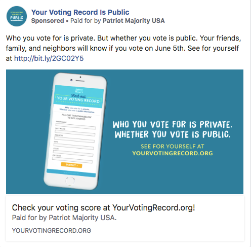 Your Voting Record Is Public is a Facebook page run by Patriot Majority USA.