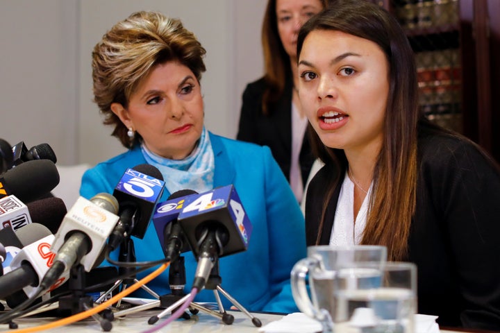 Attorney Gloria Allred listens as client Danielle Mohazab speaks about an alleged incident during a 2016 exam with Dr. George Tyndall at the University of Southern California's health center.