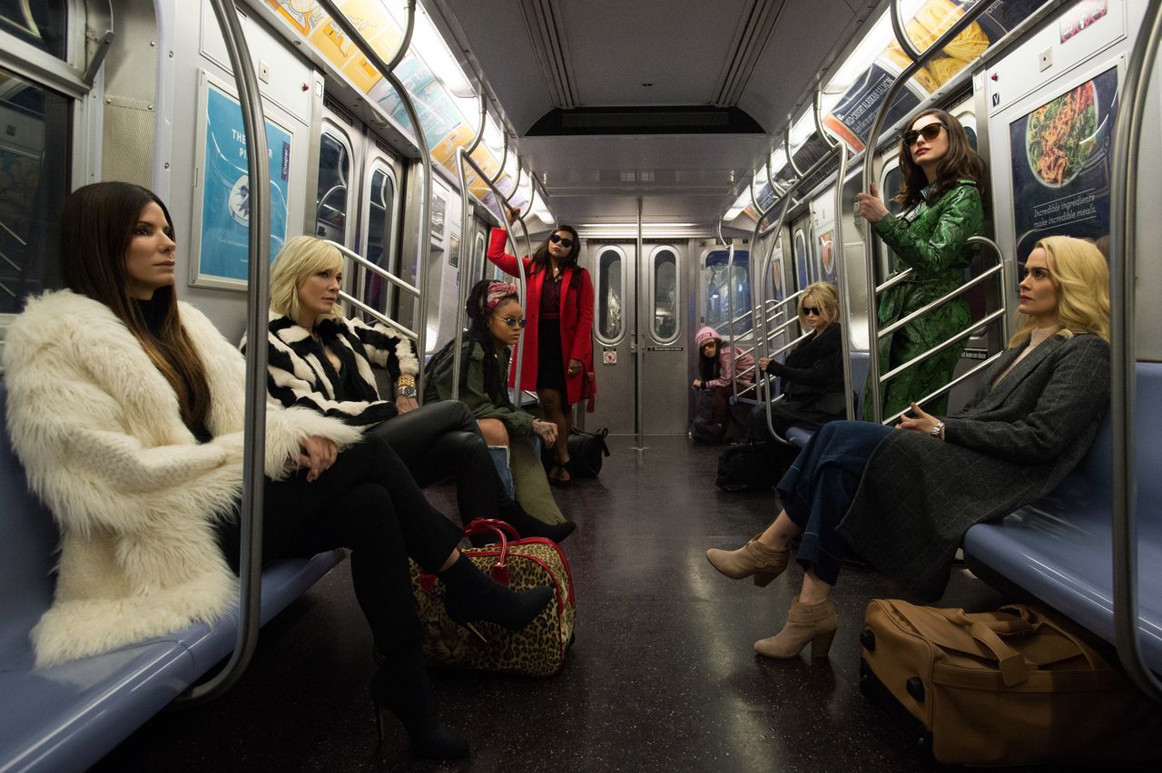 Bullock, Blanchett, Rihanna, Mindy Kaling, Awkwafina, Helena Bonham Carter, Anne Hathaway and Paulson ride the subway together, looking very suspicious and very cool.