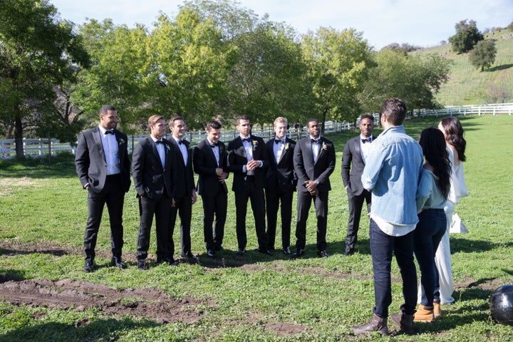 Eight of the contestants prepare for a race to meet Becca at the altar.