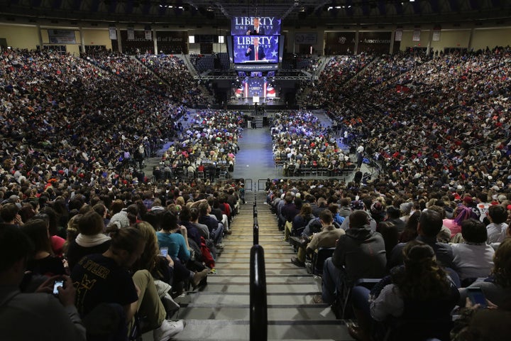 Then-candidate Donald Trump delivers a speech on the campus of Liberty University on Jan. 18, 2016.