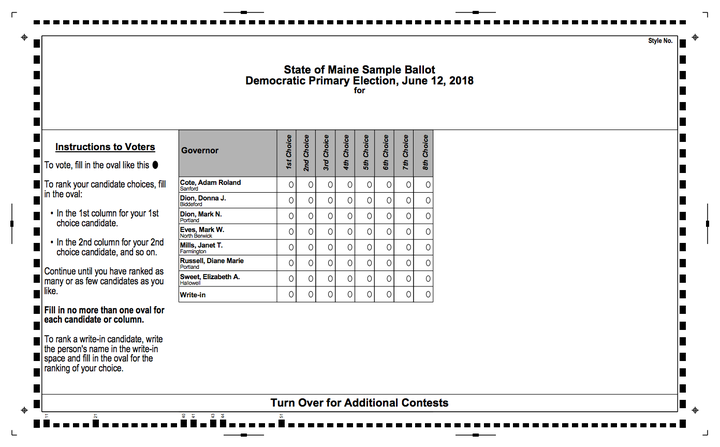 A sample ballot for the Maine Democratic primary indicating how voters can rank their choices instead of choosing just one.