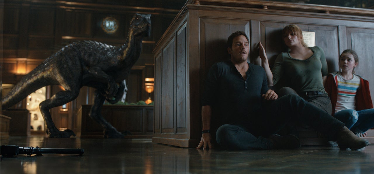 Chris Pratt, Bryce Dallas Howard and Isabella Sermon vs. a new dinosaur called an indoraptor.