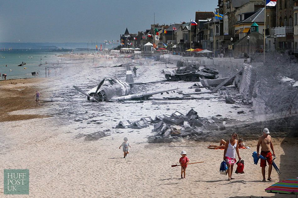 The former Juno Beach D-Day landing zone, where Canadian forces once came ashore, in Saint-Aubin-sur-Mer, France. Once a scene of death and destruction, now a tourist's paradise.