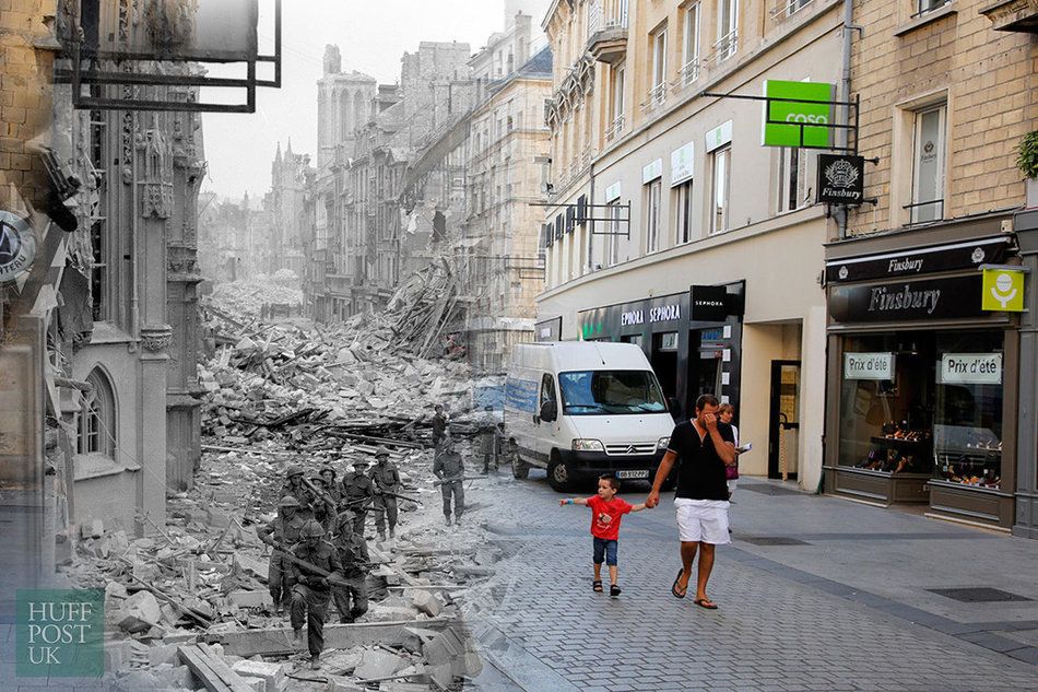Where Canadian troops once patrolled in 1944 after German forces were dislodged from Caen, shoppers now walk along the rebuilt Rue Saint-Pierre in Caen, which was destroyed following the D-Day landings.