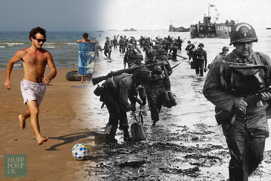 Holidaymakers enjoy the sunshine, while on June 6, 1944 US reinforcements landed on Omaha beach during the Normandy D-Day landings near Vierville sur Mer, France.