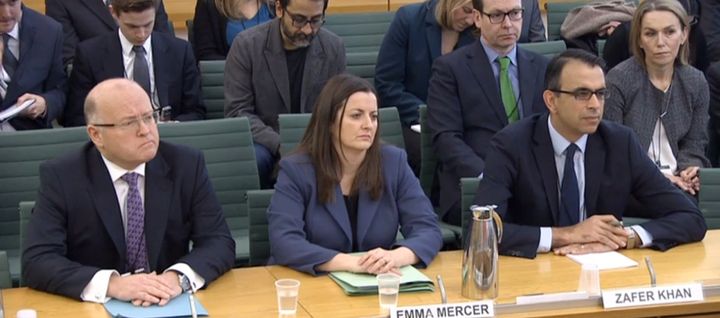 (l-r) Keith Cochrane, Emma Mercer and Zafer Khan answering questions at a joint hearing of the Commons Business, Energy and Industrial Strategy Committee and the Work and Pensions Committee at Portcullis House in London, which is examining events leading up to the business failure