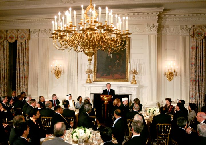 President George W. Bush makes remarks at an iftar dinner with ambassadors and Muslim leaders on Oct. 17, 2005. Iftar is the meal that breaks Muslims' daylong fast during Ramadan.