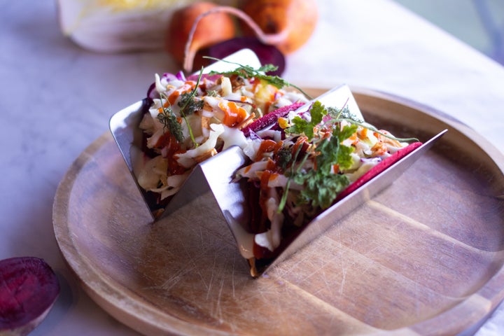 Red beet tortillas at an Instock restaurant.