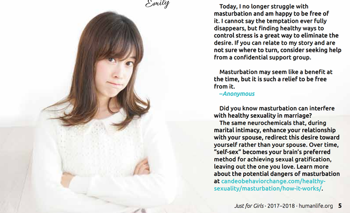 A portion of the abstinence pamphlet that students received at Deer Lakes High School. It shows a portion of a personal story about how an anonymous teen girl stopped masturbating and then features a short explanation of how masturbation can negatively affect a future marriage.